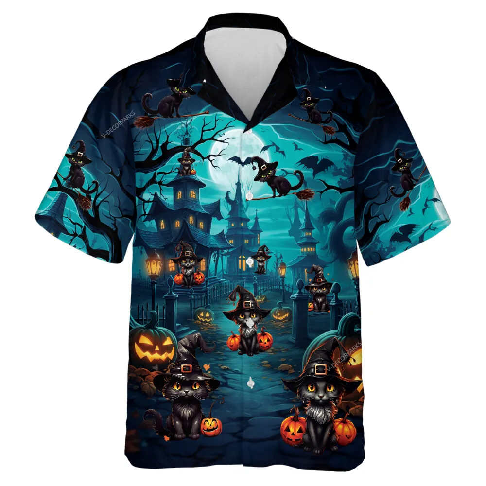 Black Cruel Cat In Witchs Clothing Halloween Unisex Hawaiian Shirt, Blue Moonlight Pumpkin Castle Aloha Shirts, Spooky Cat Riding Broomstick Shirt