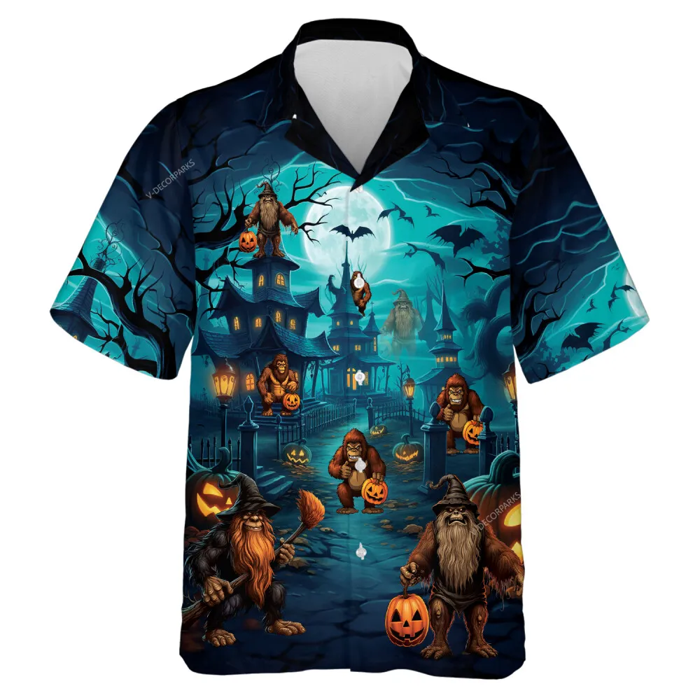 Wicked Sasquatch Halloween Unisex Hawaiian Shirt, Horror Bigfoot Blue Aloha Beach Button-down Shirts, Old Male Witch Printed Shirt For Halloween Party