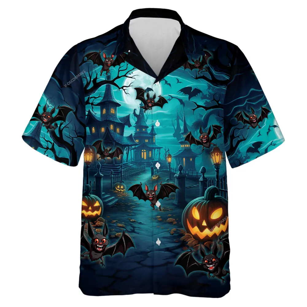 Mysterious Witch Sign In Blue Moonlight Halloween Hawaiian Shirt, Horror Forest House Aloha Button-down Shirts, Flying Bat Printed Shirt For Halloween