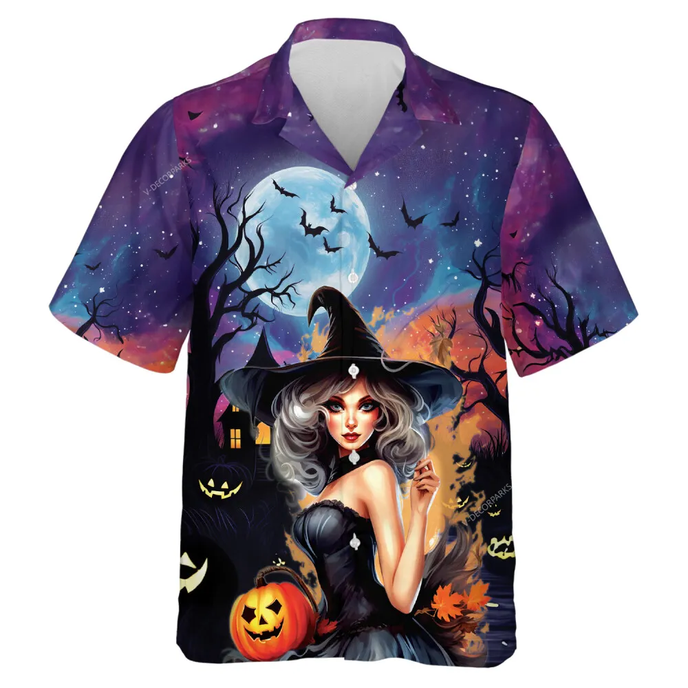Sexy Witch Halloween Unisex Hawaiian Shirt, Sculptured Pumpkin Aloha Beach Button-down Shirts, Wicked Women Tricks Printed Clothing
