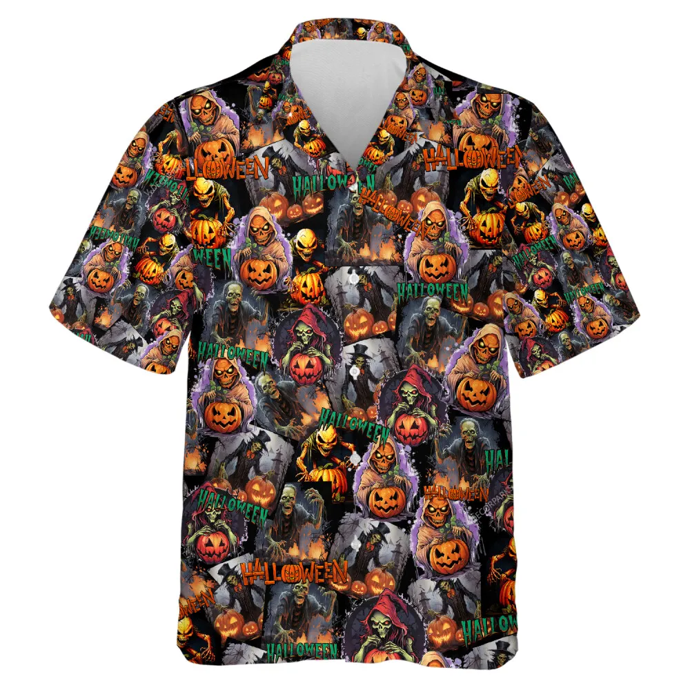 Multiple Creepy Pumpkin Halloween Unisex Hawaiian Shirt, Scary Lantern Halloween Aloha Beach Button-down Shirt, Monster Printed Clothing