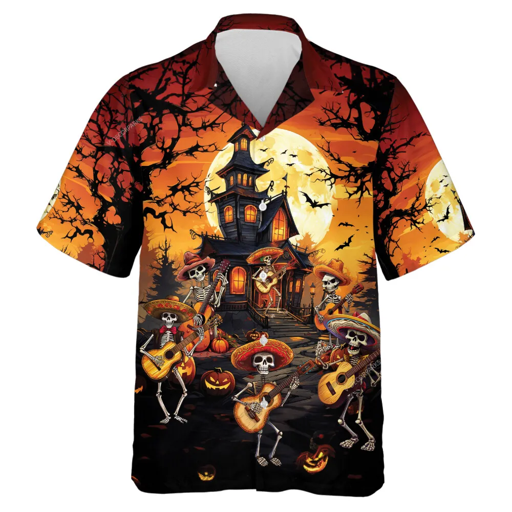 Mexican Troubadour Spirits Men Hawaiian Shirt , Singing Skeleton Halloween Aloha Beach Button-down Shirts, Creepy Pumpkin Halloween Clothing