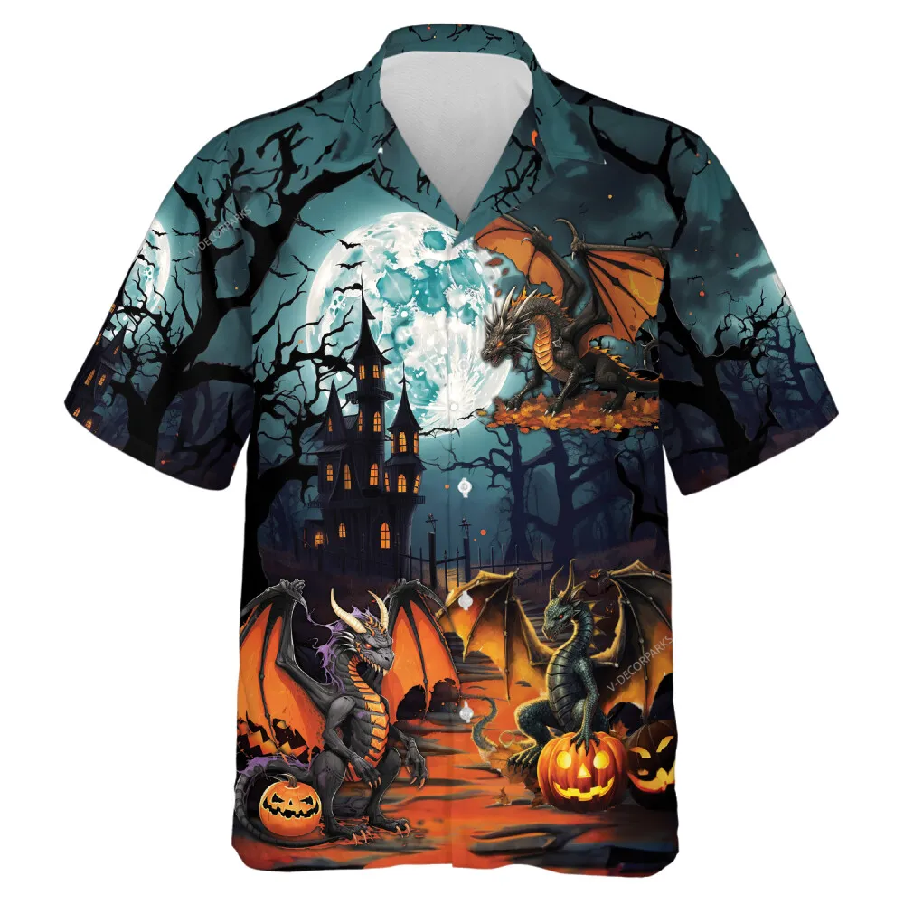 Halloween Grumpy Dragon Men Hawaiian Shirt, Witch House Guardians Aloha Beach Button-down Shirts, Spooky Moonlight Forest Printed Hawaii Shirt