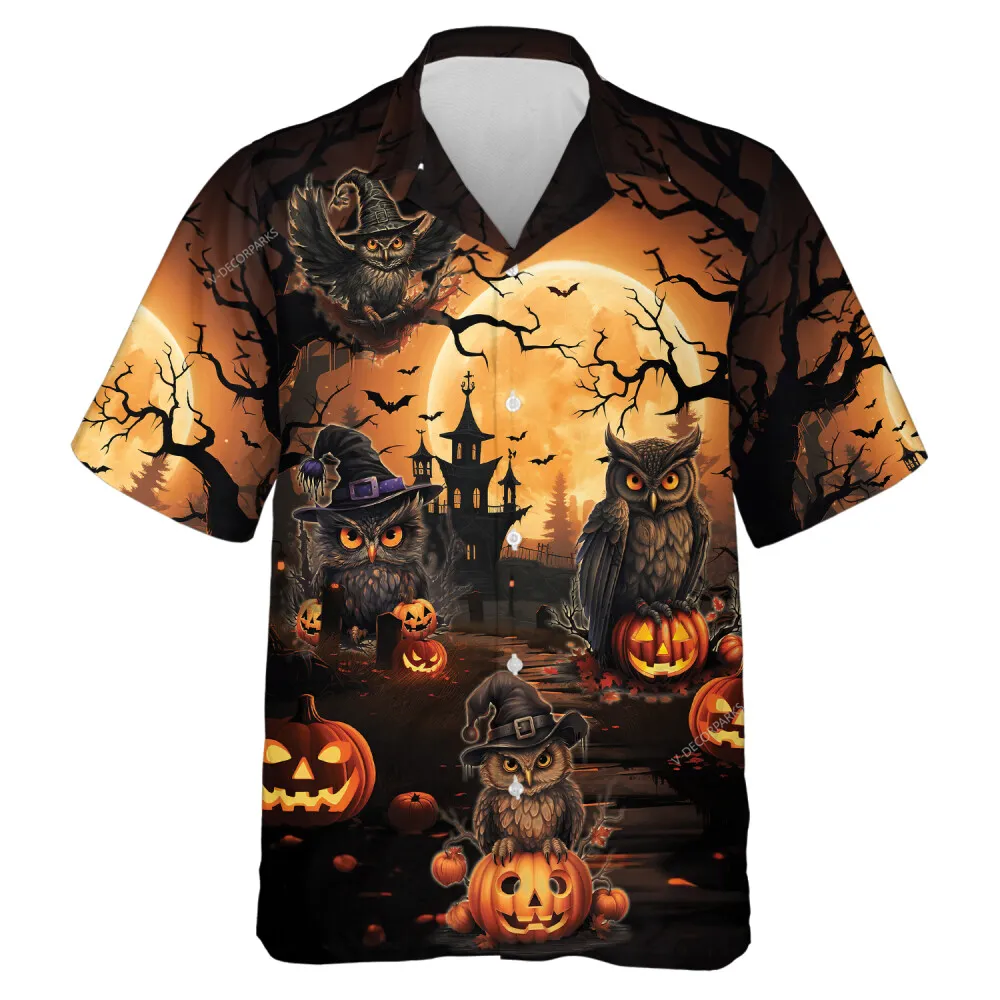 Witch Owl Halloween Unisex Hawaiian Shirt, Spooky Halloween Night Aloha Beach Shirts, Night Forest Patterned Mens Wear, Pumpkin Lantern Printed Top