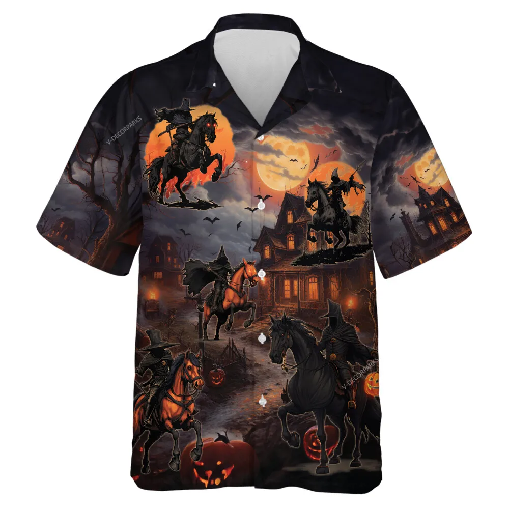 Headless Knight Unisex Hawaiian Shirt, Halloween Creepy Night Aloha Beach Shirts, Mens V-neck Button-down Shirt, Horseman Printed Clothing
