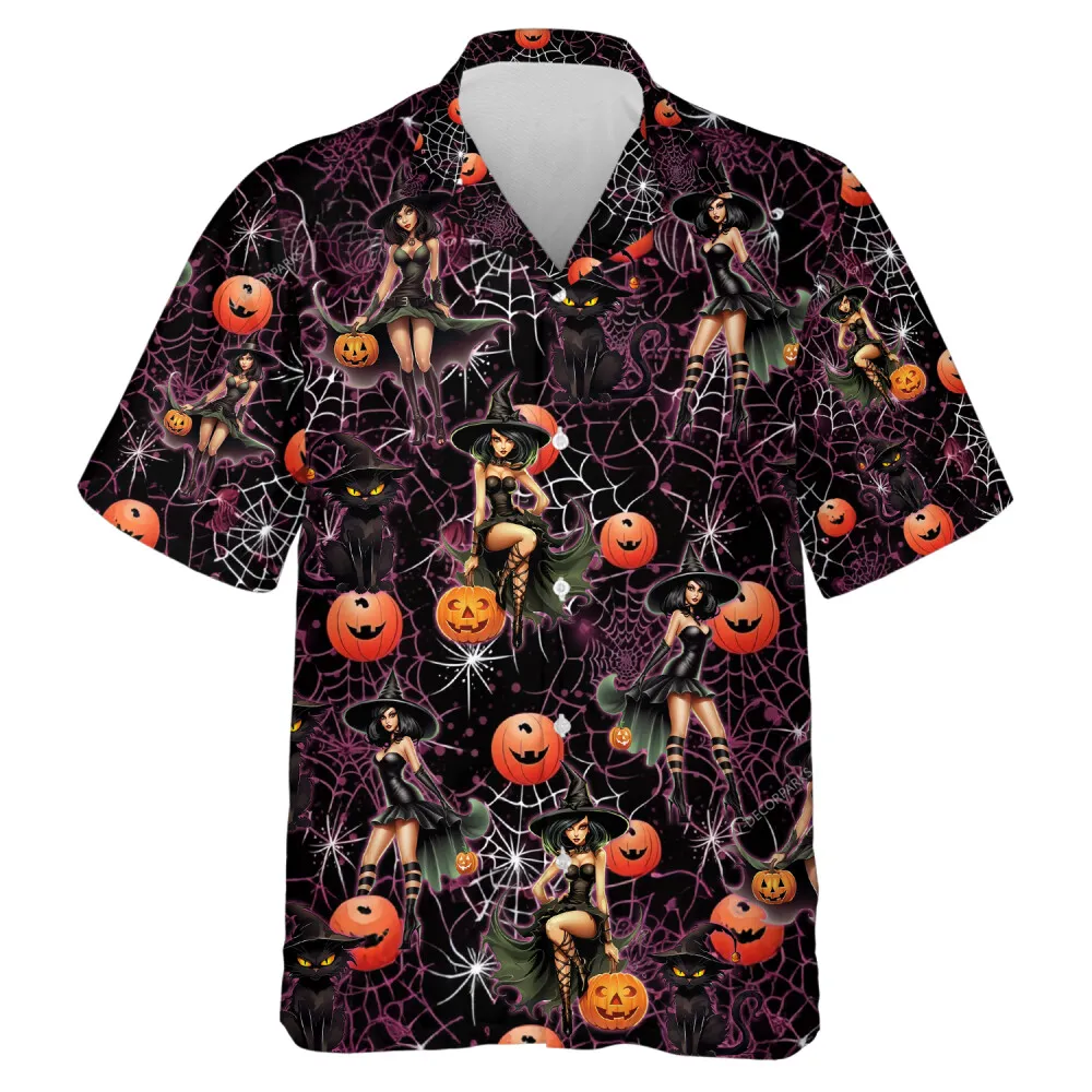 Pretty Witch Lady Halloween Men Hawaiian Shirt, Spider Web Aloha Beach Shirts, Halloween Night Mens Button-down Top, Casual Mens Wear