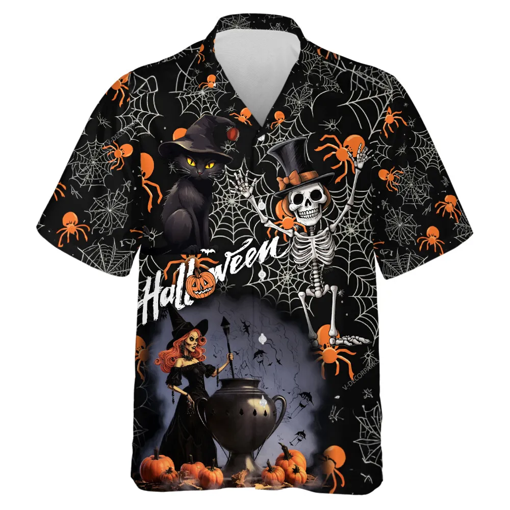 Funny Halloween Magical Skeleton And Wicked Cat Hawaiian Shirt, Beautiful Witch Halloween Aloha Beach Button-down Shirts, Halloween Family Clothing