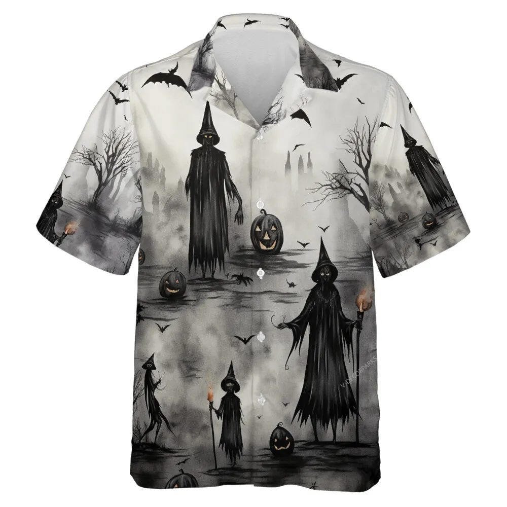 Spooky Dark Spirits Holding Fire Wand Halloween Men Hawaiian Shirt, Scary Monogram Halloween Aloha Beach Button Down Shirts, Casual Mens Wear