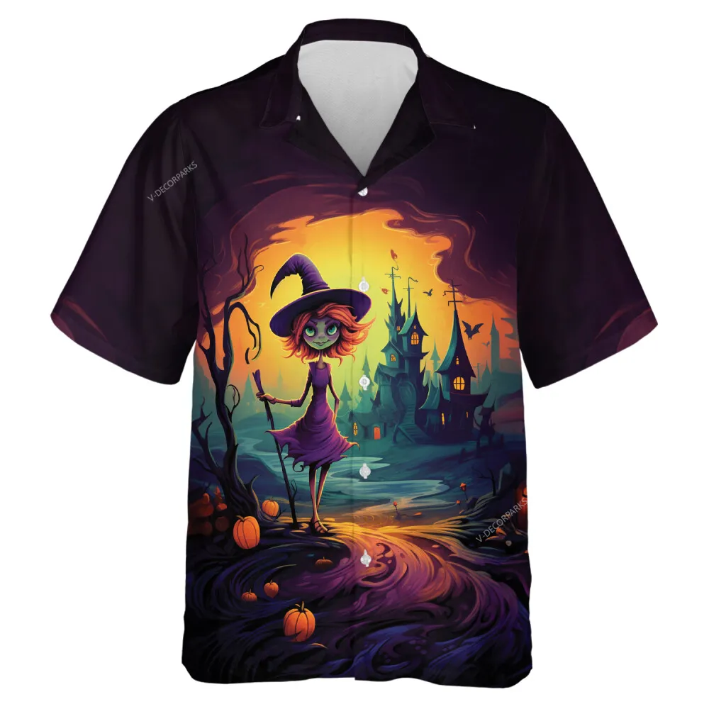 Young Witch Halloween Unisex Hawaiian Shirt, Spooky Forest Night Aloha Beach Button-down Shirts, Scary Mysterious Castle Printed Clothing