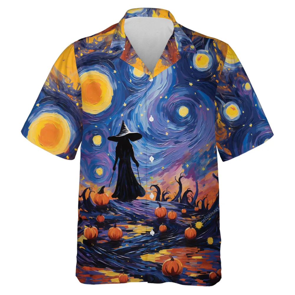 Witch In Masterpiece Halloween Men Hawaiian Shirt, Horror Halloween Starry Night Aloha Beach Button-down Shirts, Casual Mens Wear