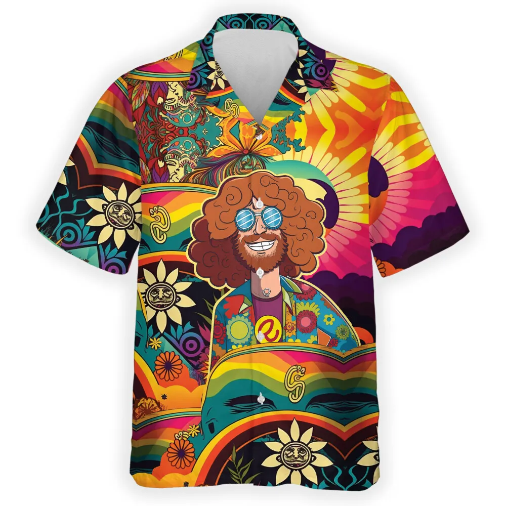 Hippie Man Adult Hawaiian Shirt, Colorful Floral Pattern Aloha Beach Shirts, Short Sleeve Summer Beach Shirt, Oversized Hawaii Top