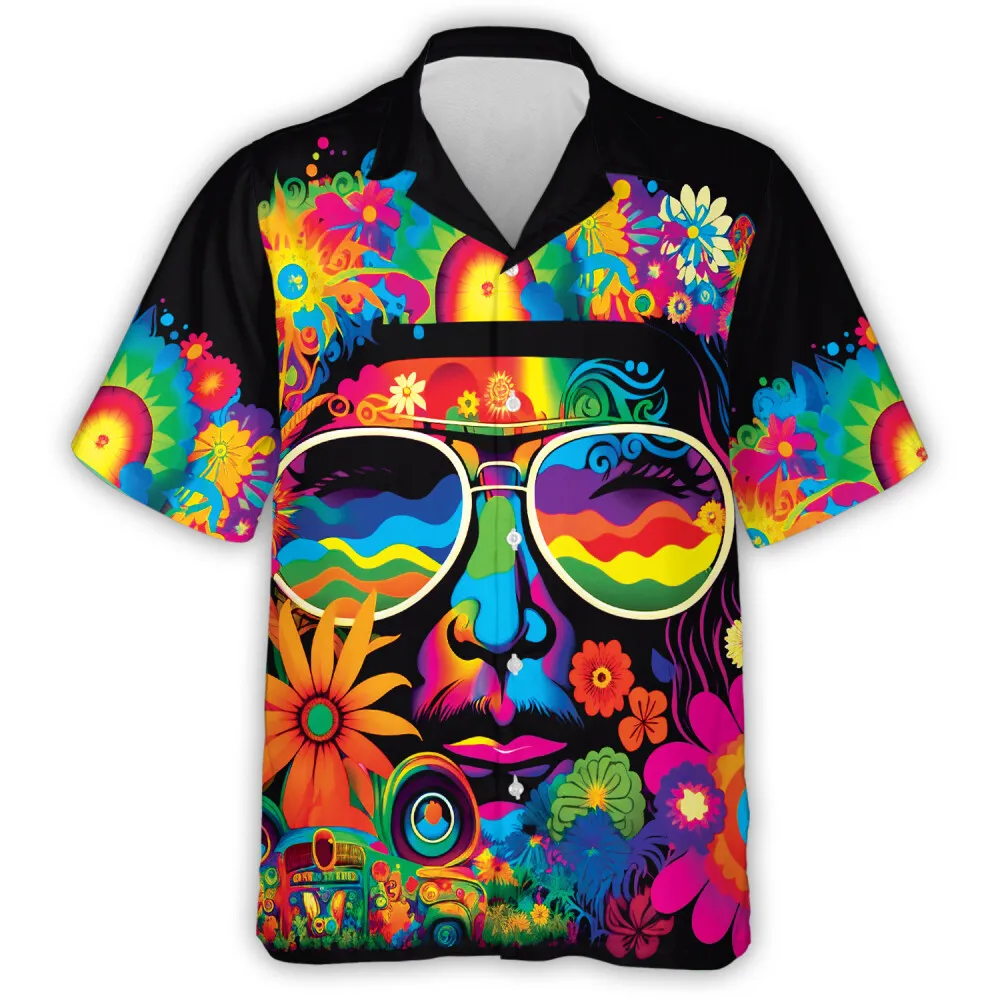 Hippie Man Wears Glasses Printed Hawaiian Printed Shirt, Rainbow Floral Hippie Aloha Beach Shirts, Flower Lovers Gift, Daily Clothing