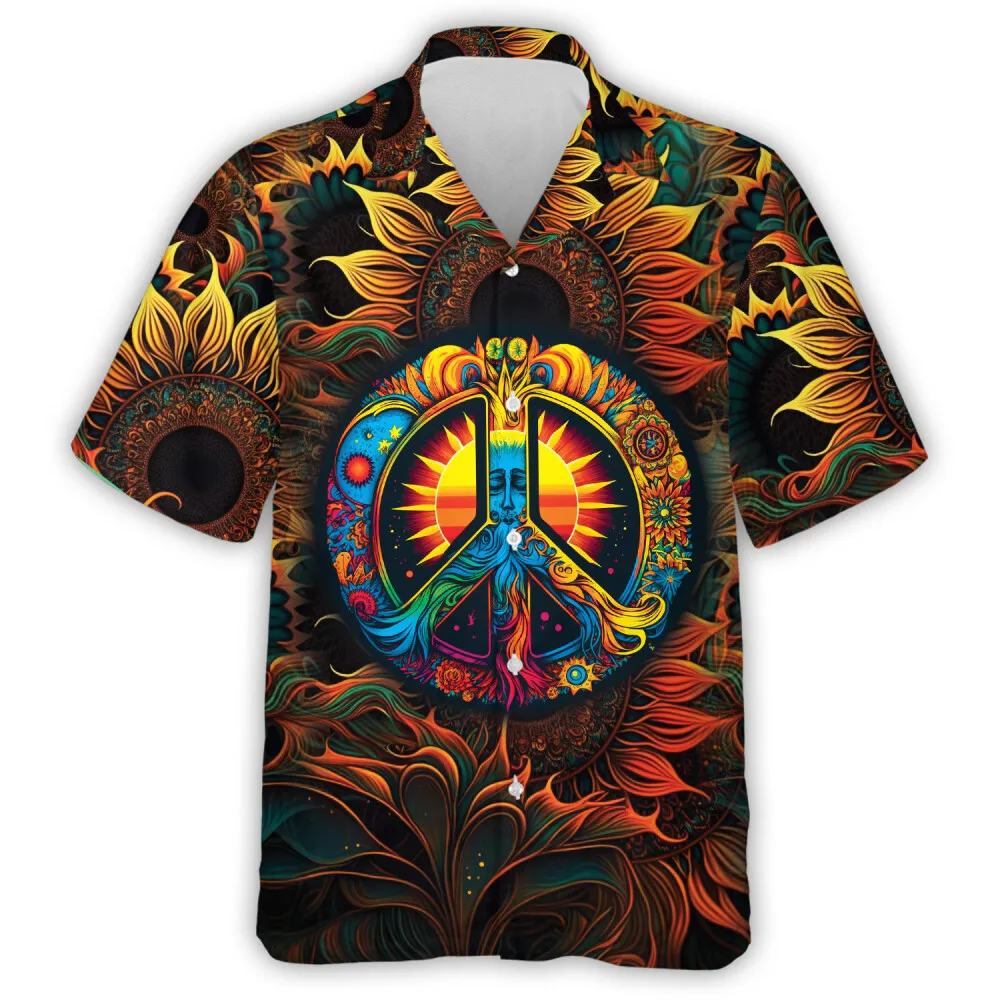 Hippie Sunflower Garden Of Peace Unisex Hawaiian Shirt, Peace Signature Logo Aloha Summer Shirts, Oversized Button Down Hawaii Shirt