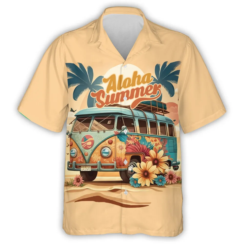 Hippie Summer Travelling 3d Printed Hawaii Shirt, Sea Bus Trip Aloha Unisex Shirts, Beach Party Matching Shirts For Men, Women & Kids