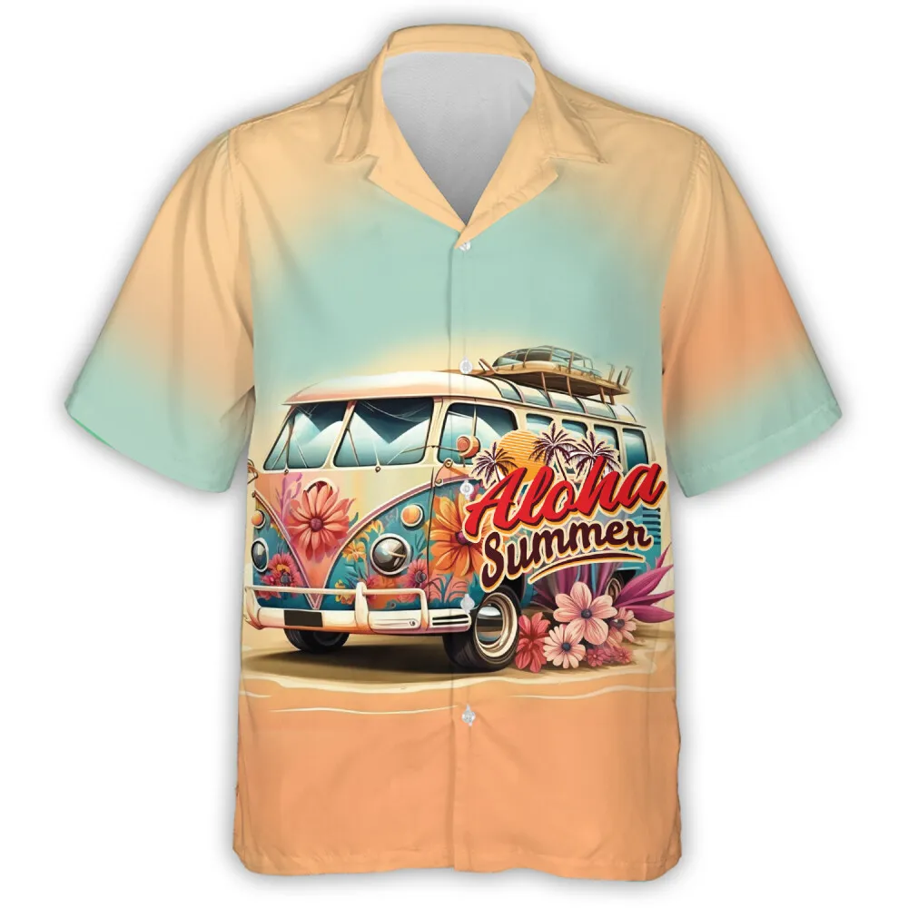 Bus Travelling In Summer Hawaii Shirt, Vintage 90s Tropical Design Hawaii Shirt, Unisex Button Down Shirt, Colorful Nomadic Clothing