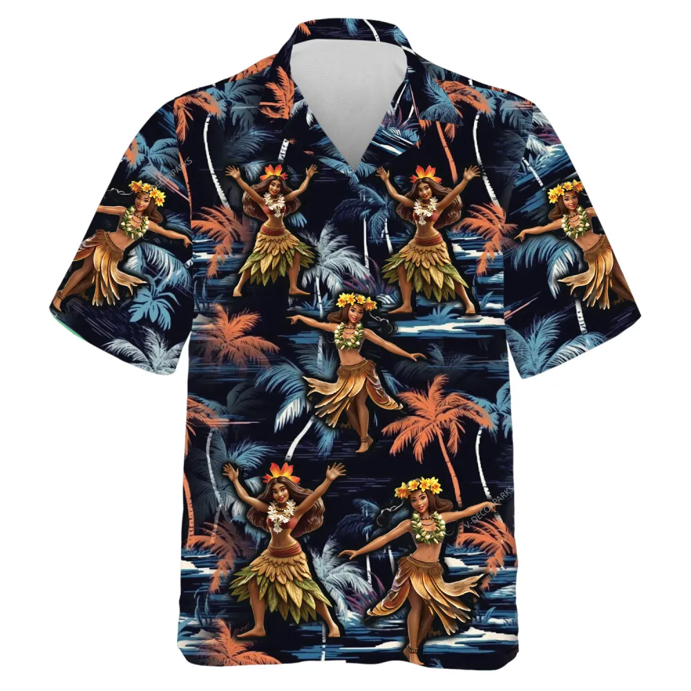 Hula Dance Hawaiian Shirt For Men Women, Tropical Island Aloha Beach Shirts, Palm Tree Patterned Button Down Shirt, Family Travel Clothing