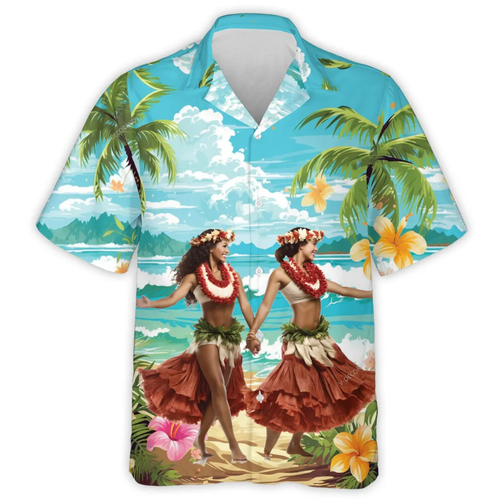 Hula Couple Travel Unisex Hawaii Shirt, Summer Aloha Beach Shirts, Mens Button Down Hawaiian Shirt, Tropical Flower Printed Top