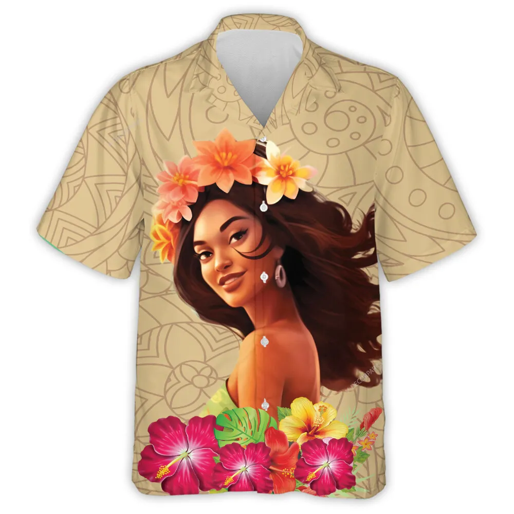 Awesome Hula Girl Hawaiian Shirt For Everyone, Tribal Pattern Aloha Beach Shirts, Tropical Flower Printed Button Down Shirt, Unisex Wear