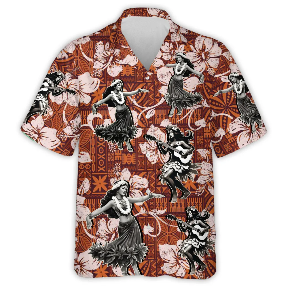 Hula Dancing Girl Hawaiian Shirt, Unisex Tiki Lover Aloha Beach Shirts, Mens Button Down Shirt, Summer Vacation Hawaiian Shirt