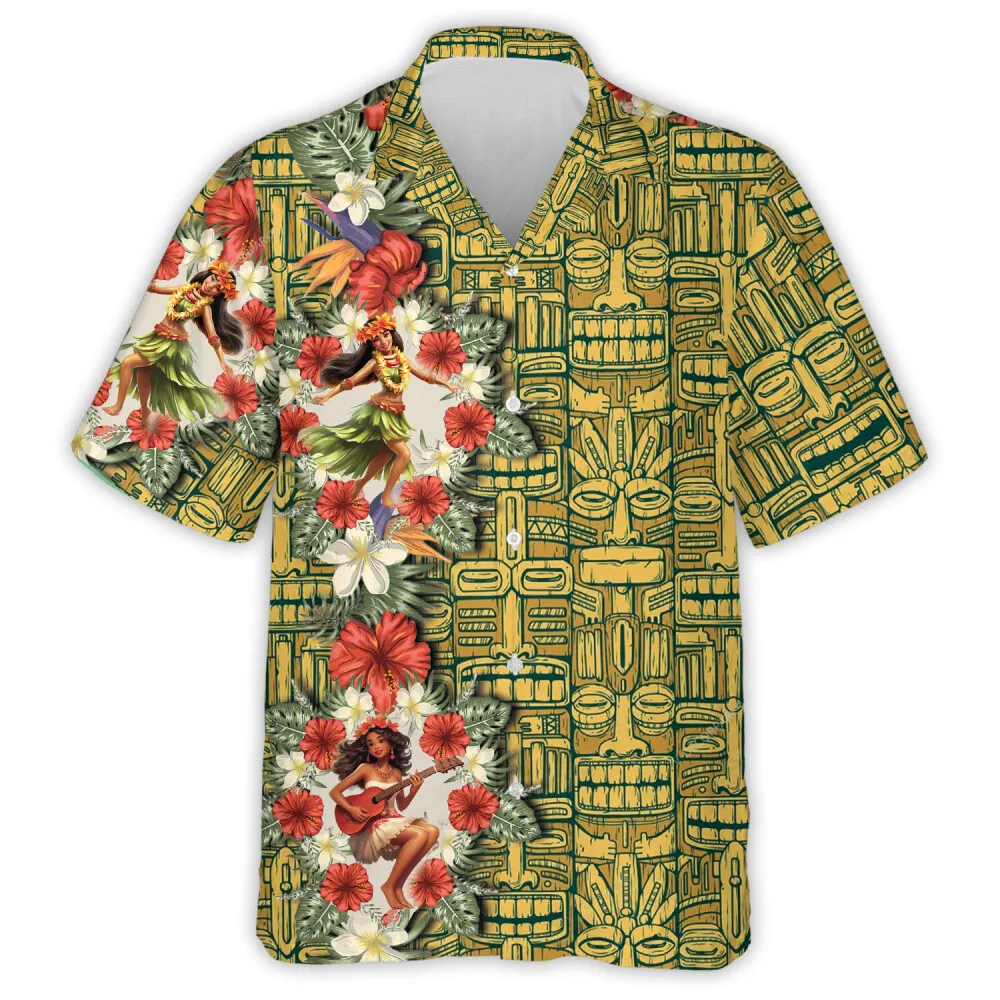 Hula Girl Dancing Hawaiian Shirt For Men Women, Tiki Patterned Aloha Beach Shirts, Tropical Beach Travel Mens Button Down Shirt, Everyday Clothing
