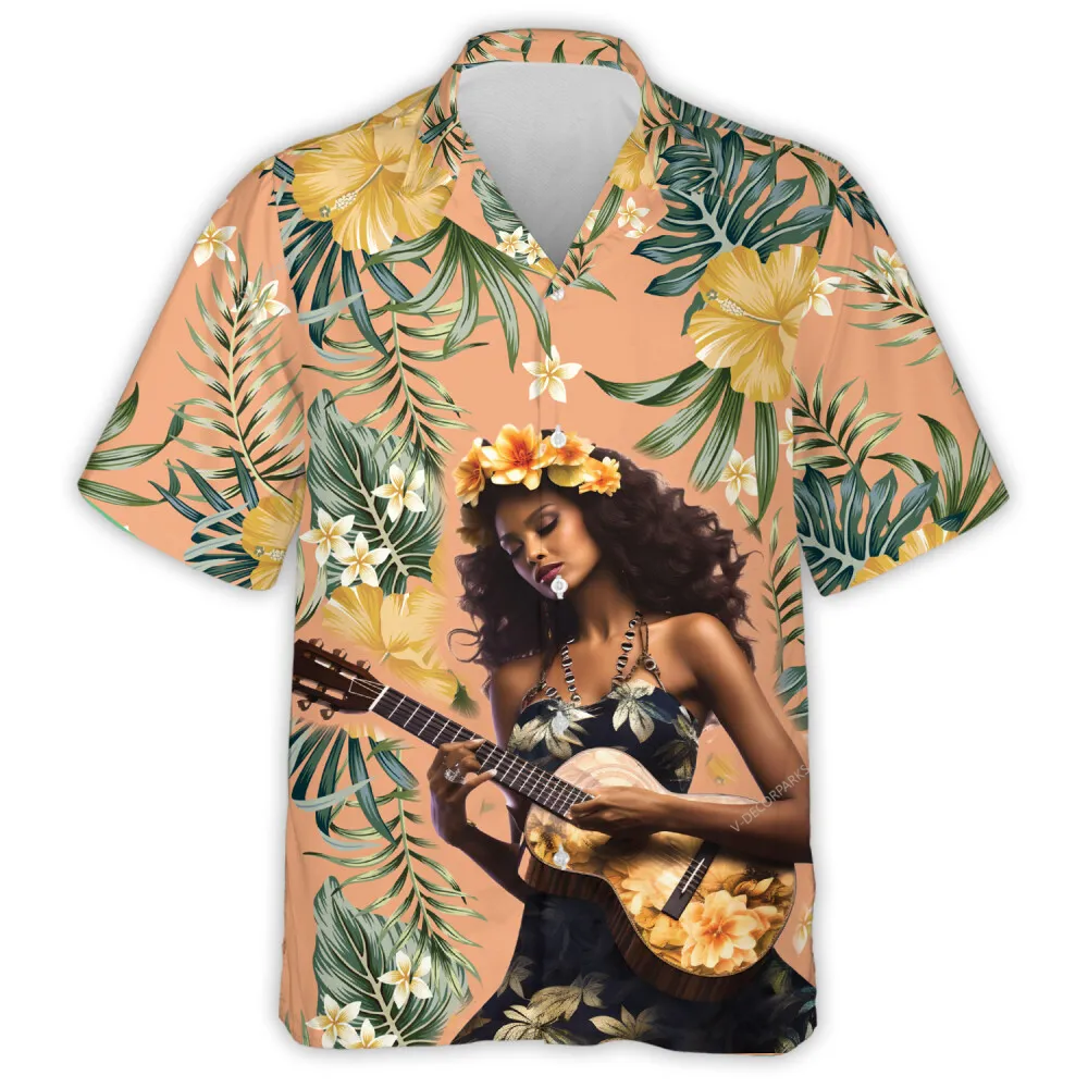 Hula Pretty Guitarist Unisex Hawaiian Shirt, Tropical Nature Aloha Beach Shirts, Flower Printed Mens Button Down Shirt, Clothing For Men And Women