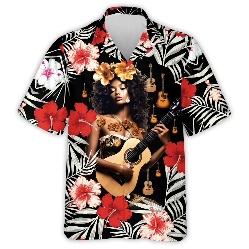 Hula Girl Plays Music Hawaiian Shirt For Men Women, Guitar Lover Aloha Beach Shirts, Vintage Mens Button Down Shirt, 80s Inspired Clothing