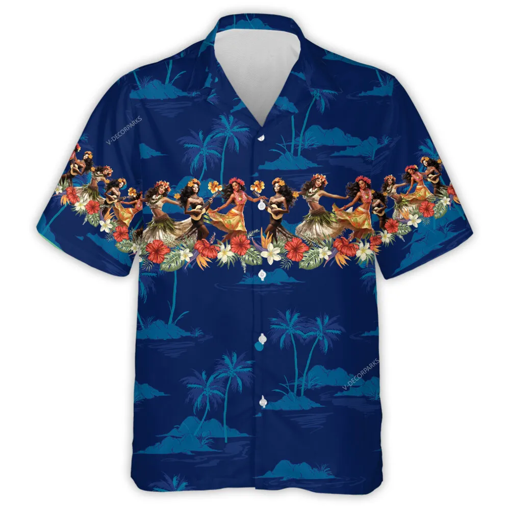 Hula Girl Party Hawaiian Shirt For Men Women, Tiki Music Party Aloha Beach Shirts, Girl Printed Unisex Button Down Shirt
