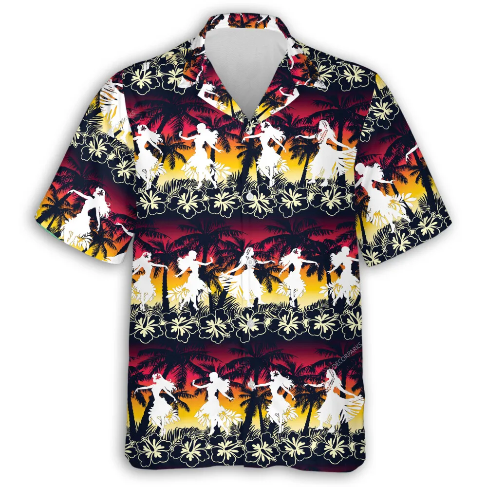 Hula White Silhouette Dancing Hawaiian Shirt, Hibiscus Flower Aloha Beach Shirts, Tropical Patterned Unisex Button Down Shirt, Casual Wear