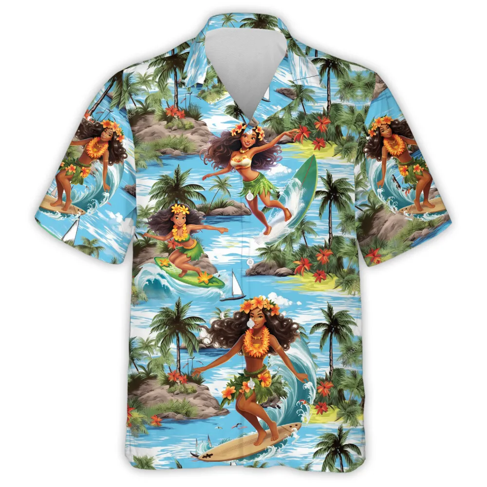 Hula Girl Surfing Hawaiian Shirt For Men Women, Tropical Summer Sport Aloha Beach Shirts, Unisex Button Down Shirt, Couple Travel Clothing