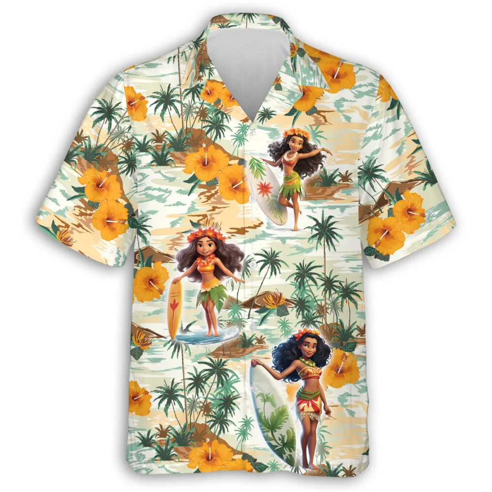 Hula Girl With Surfboard Family Hawaiian Shirt, Wave Surfing Aloha Beach Shirts For Men Women, Mens Button Down Shirt, Summer Beach Shirt