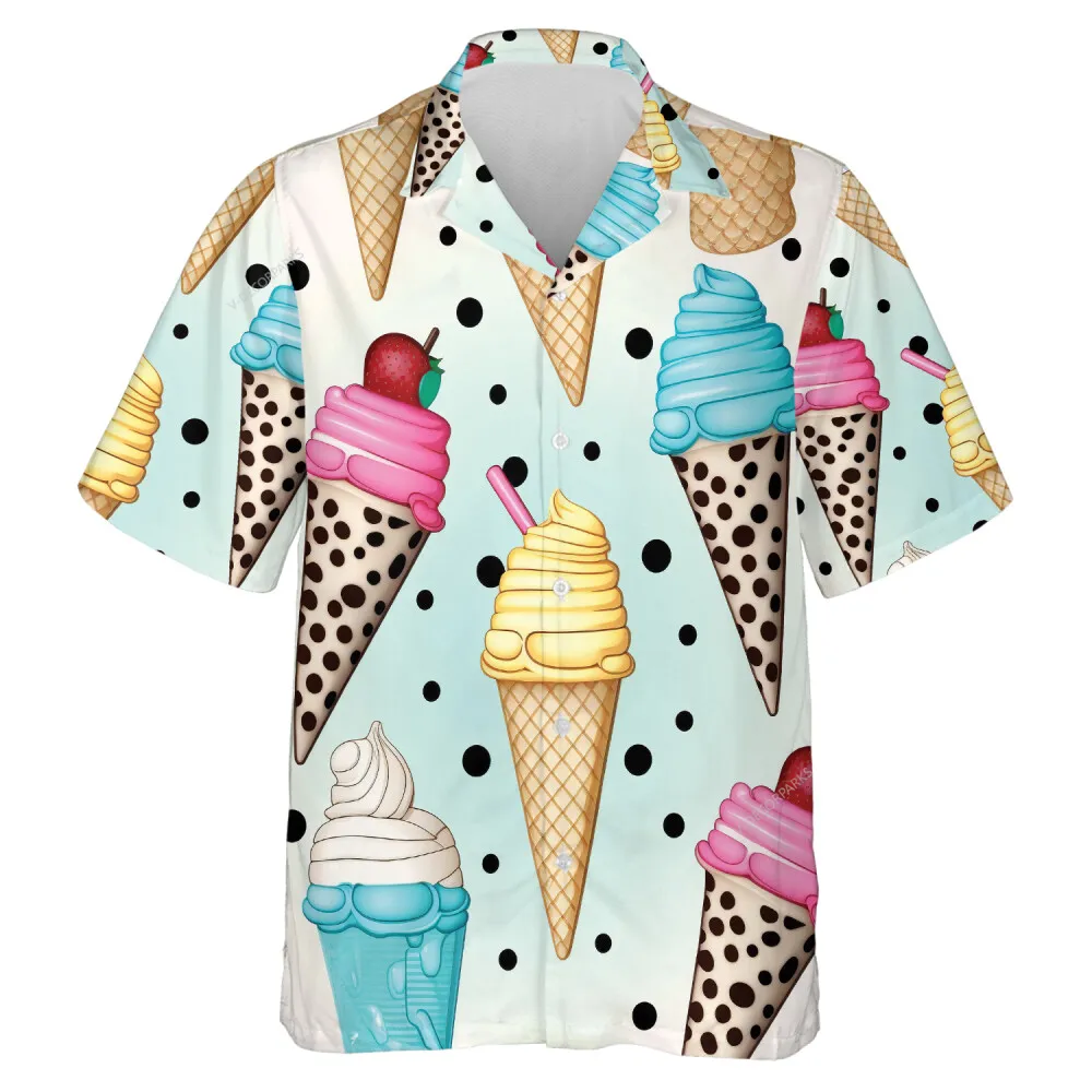 Multi Flavored Ice Cream Hawaiian Shirt For Men Women, Strawberry Aloha Beach Shirts, Boba Tea Printed Mens Button Down Shirt