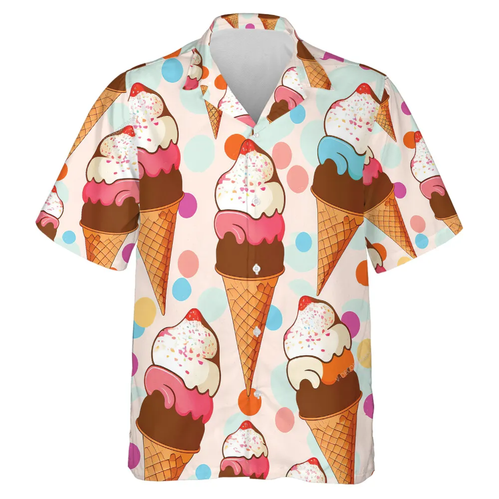 Triple Layered Ice Cream Hawaiian Shirt For Men Women, Vani Choco Berries Cone Pattern Aloha Beach Shirts, Summer Sweets Mens Button Down Shirt