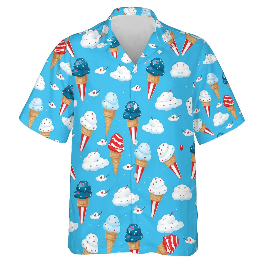 Cloudy Ice Cream Hawaiian Shirt For Men Women, American Flag Design Unisex Aloha Shirts, Beach Travel Family Button Down Shirt