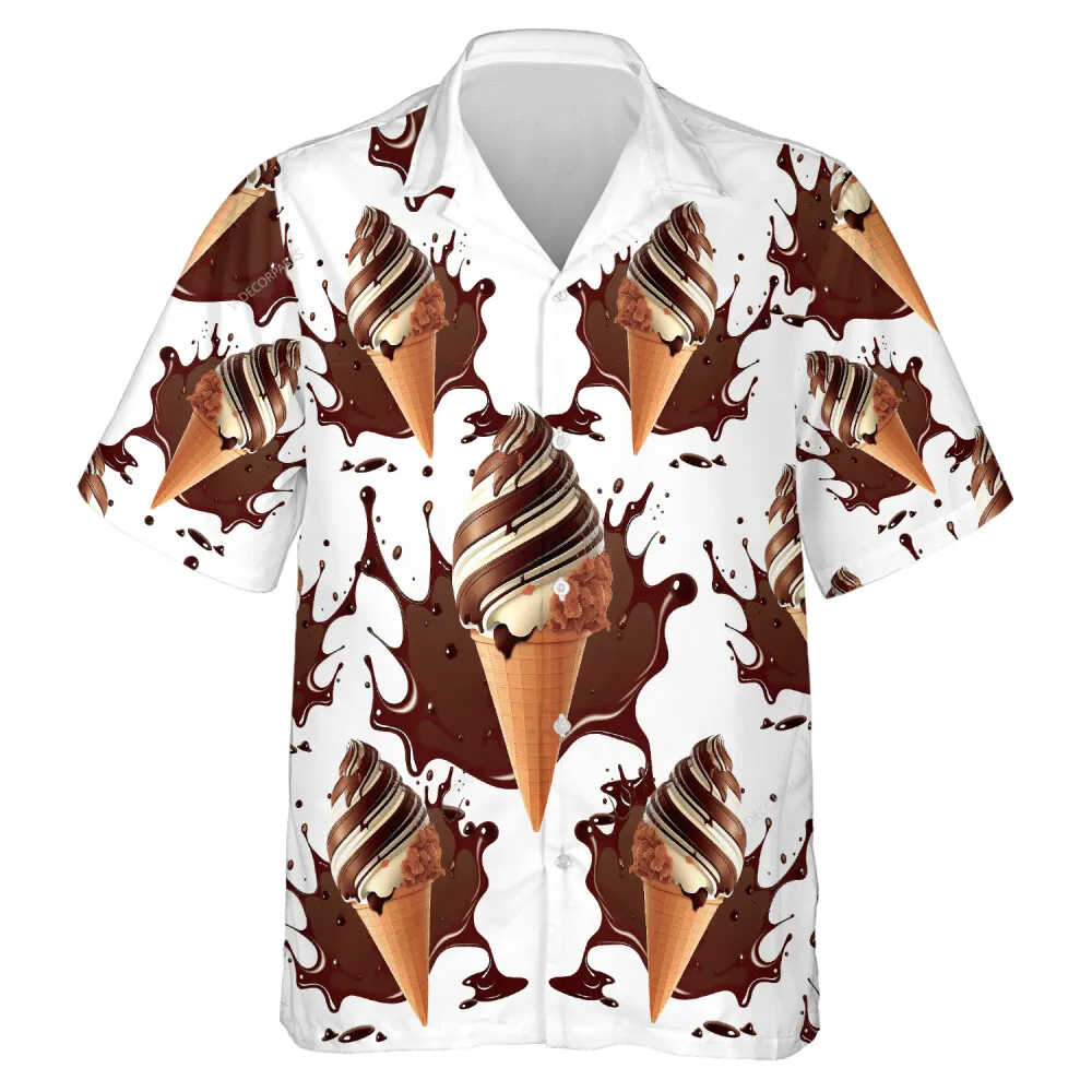 Chocolate Vanilla Ice Cream Unisex Hawaiian Shirt, Delicious Sweets Printed Aloha Vibes Shirt, Summer Vacation Button Down Shirt