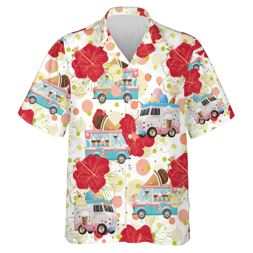 Ice Cream Truck Printed Hawaii Shirt For Everyone, Hibiscus Floral Summer Beach Shirts, Tropical Travelling Unisex Aloha Shirt