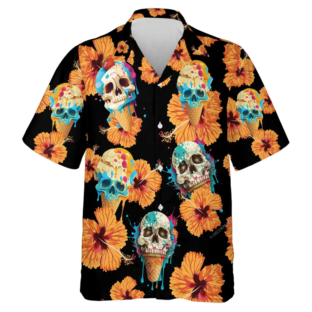 Scary Skull Ice Cream Hawaiian Shirt For Men Women, Tropical Hibiscus Forest Aloha Beach Shirts, Summer Holiday Best Group Clothing