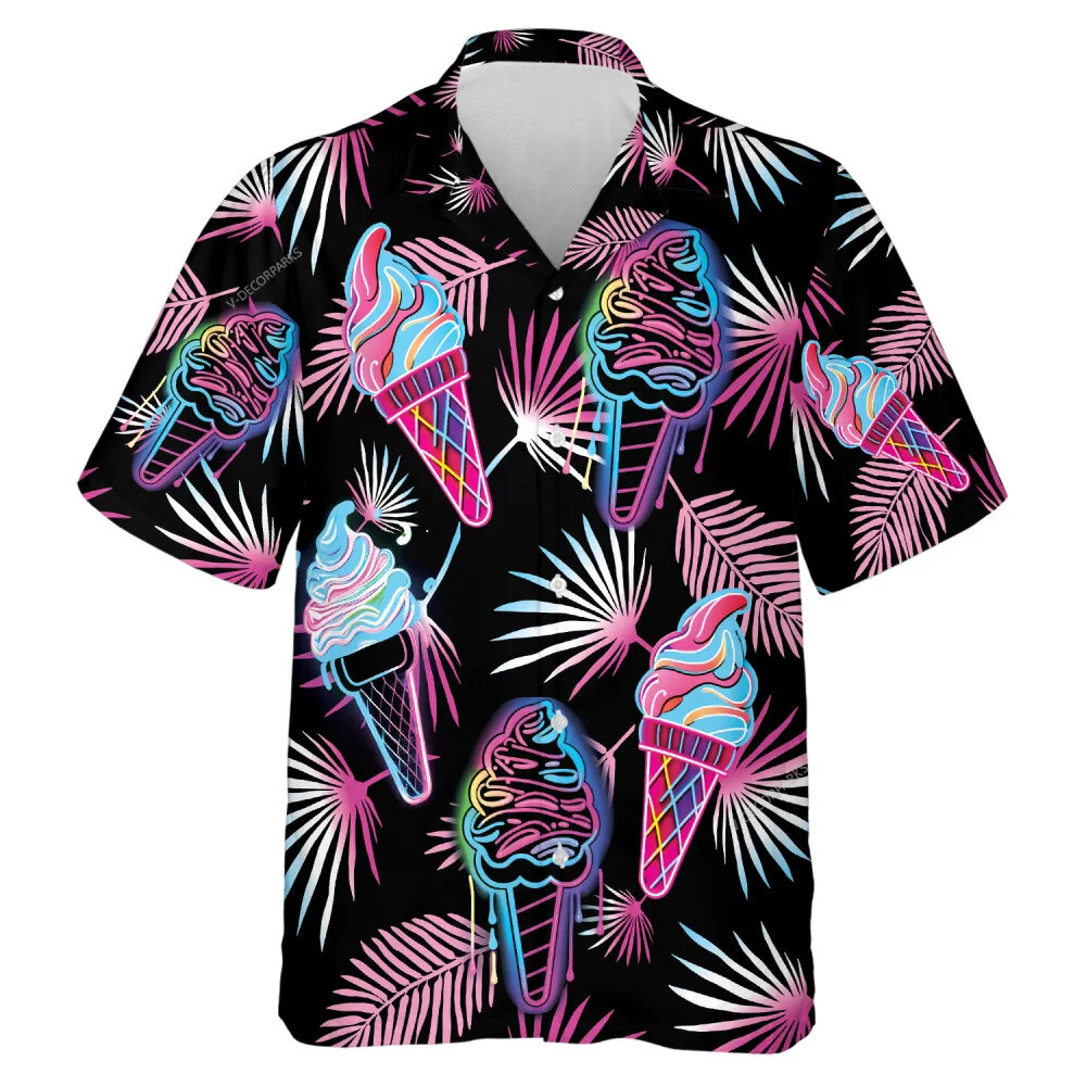 Hologram Ice Cream Hawaii Shirt For Men Women, Sparkling Neon Tropical Trees Aloha Beach Shirts, Night Party Family Clothing, Mens Casual Wear