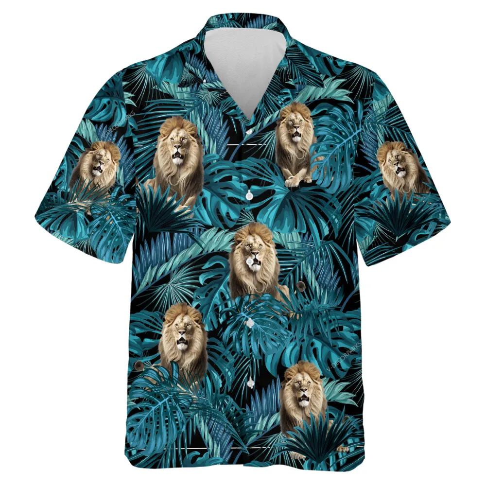 Tropical Forest Lion Aloha Shirt, Summer Hawaii Button Down Shirt, Fierce Roaring Wildcat Printed Clothing, Leaves Pattern Top, Unisex Wear