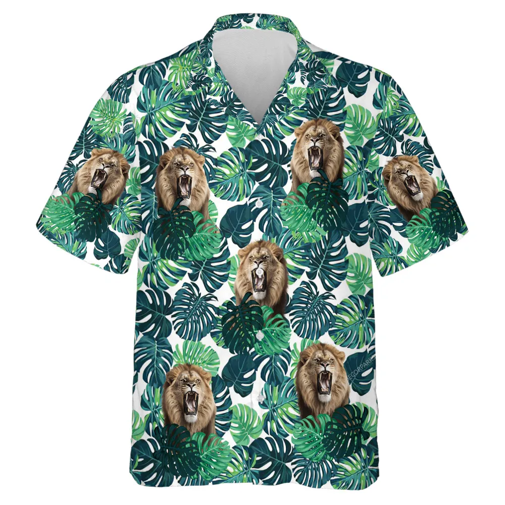Roaring Lion Summer Unisex Hawaiian Shirt, Tropical Forest Aloha Beach Button-down Shirt, Best Holiday Travel Family Clothing, Animal Lover Top