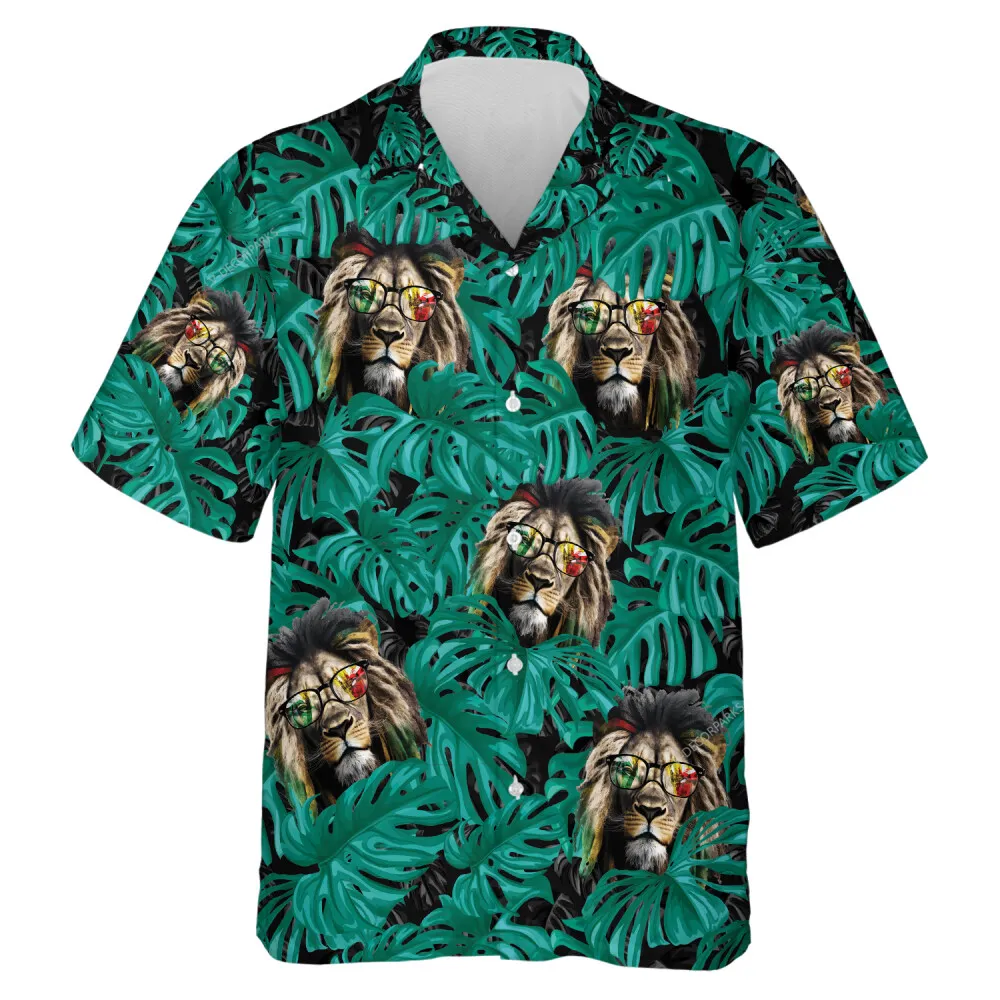 Rasta Impersonated Lion Mens Hawaiian Shirt, Tropical Leaves Aloha Beach Button-down Shirts, Summer Vacation Hawaii Clothing