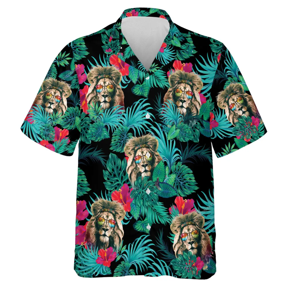 Hippie Styled Lion Hawaii Shirt For Everyone, Tropical Hibiscus Aloha Beach Shirts, Summer Vacation Button-down Top For Everyone, Family Wear