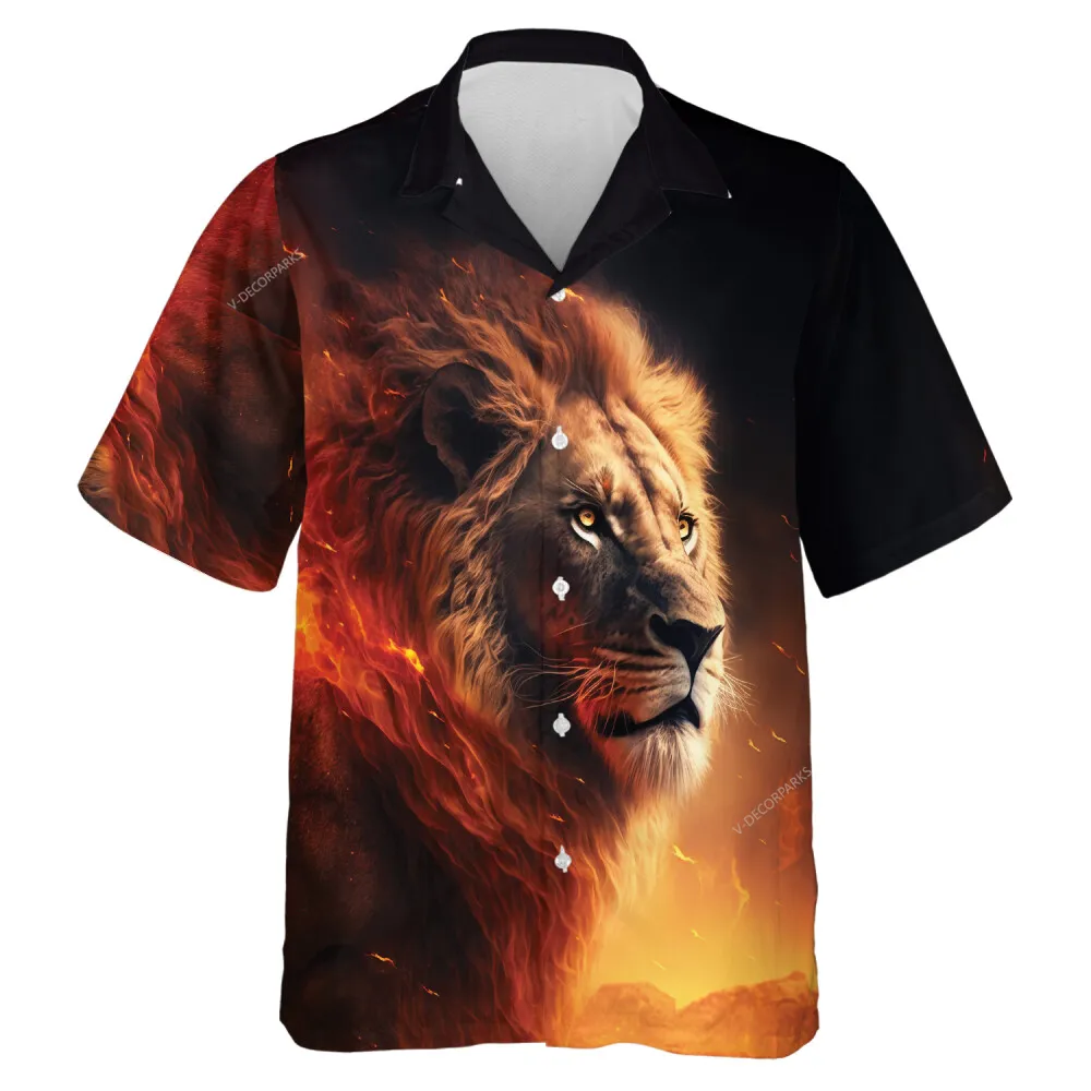 Lion King Men Hawaiian Shirt, Lion Fire Aloha Beach Button Down Shirt, Animal Lover Printed Top, Stylish Clothing For Men And Women