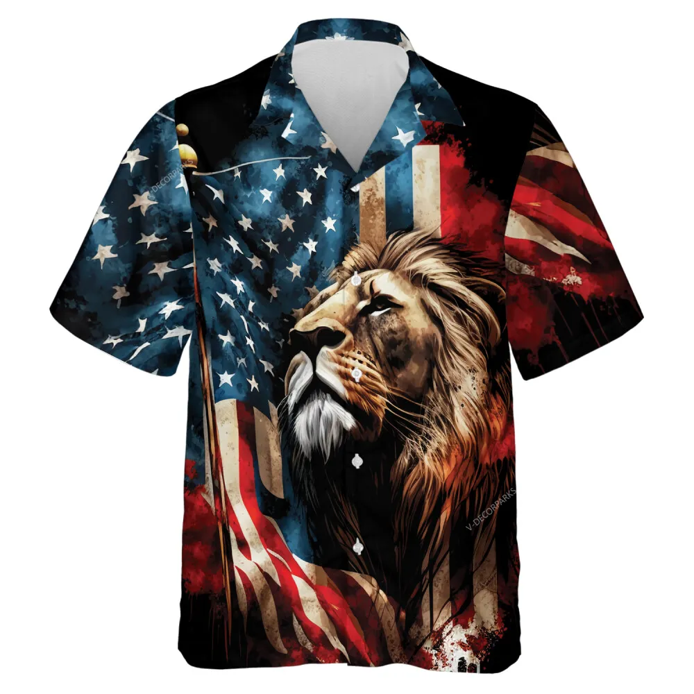 American Lion Species Unisex Hawaiian Shirt, Usa Flag Printed Aloha Shirts, Patriotic Dads Gift, 4th Of July Celebration Clothing