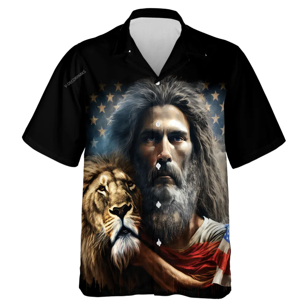 Jesus Pet Unisex Hawaiian Shirt, American Flag Aloha Beach Shirts, Holy Celebration Family Clothing, Printed Casual Wear, Lion Lover Gift