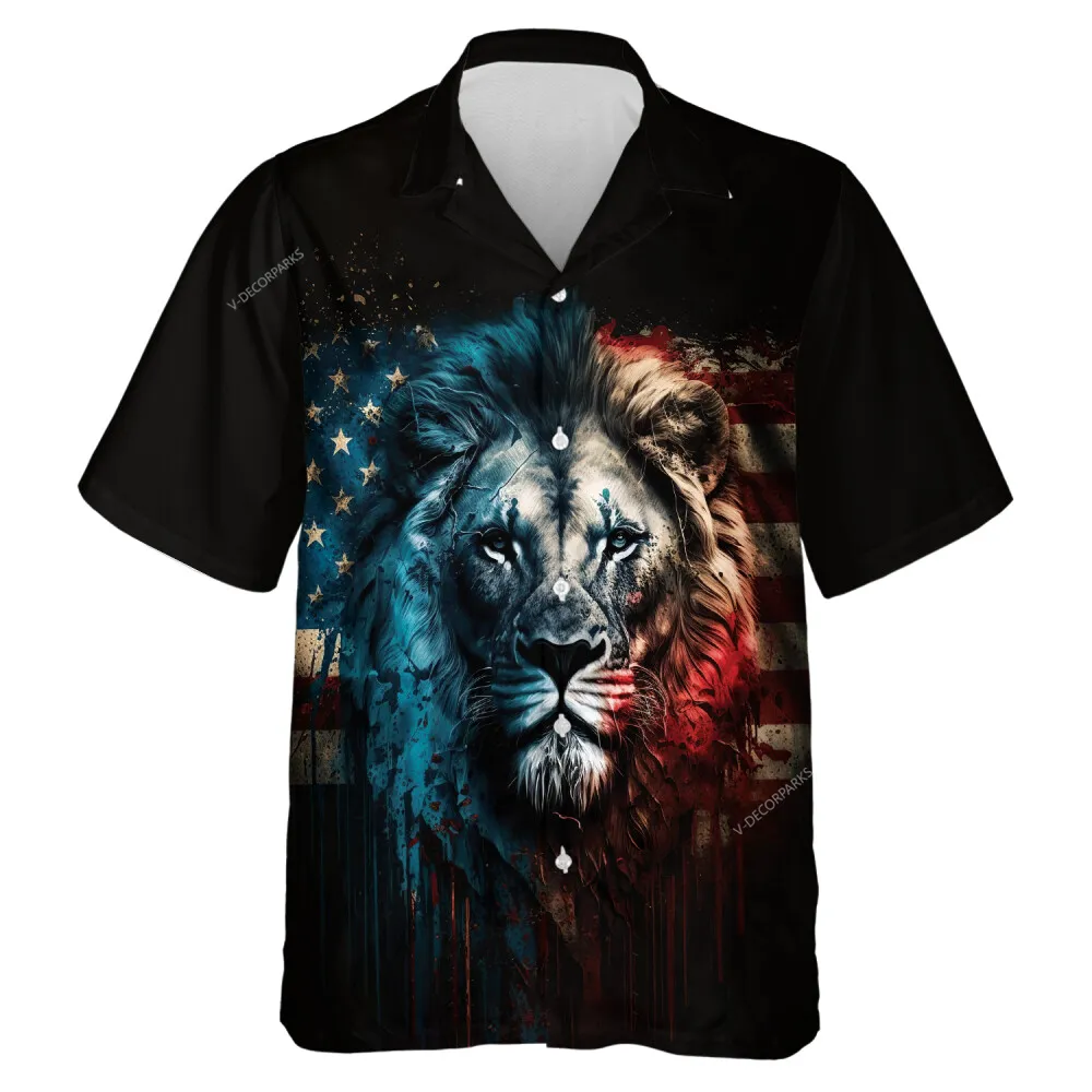 American Colored Lion Hawaiian Shirt, Us Independence Aloha Beach Button-down Shirt, Unisex Animal Lover Printed Clothing, Everyday Wear