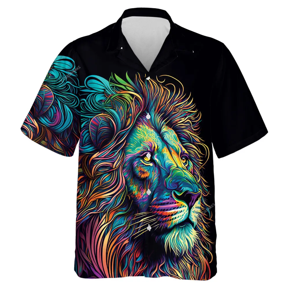 Psychedelic Lion Unisex Hawaiian Shirt, Neon Hippie Style Aloha Beach Button-down Shirt, Fierce Animal Printed Top, Family Travel Clothing