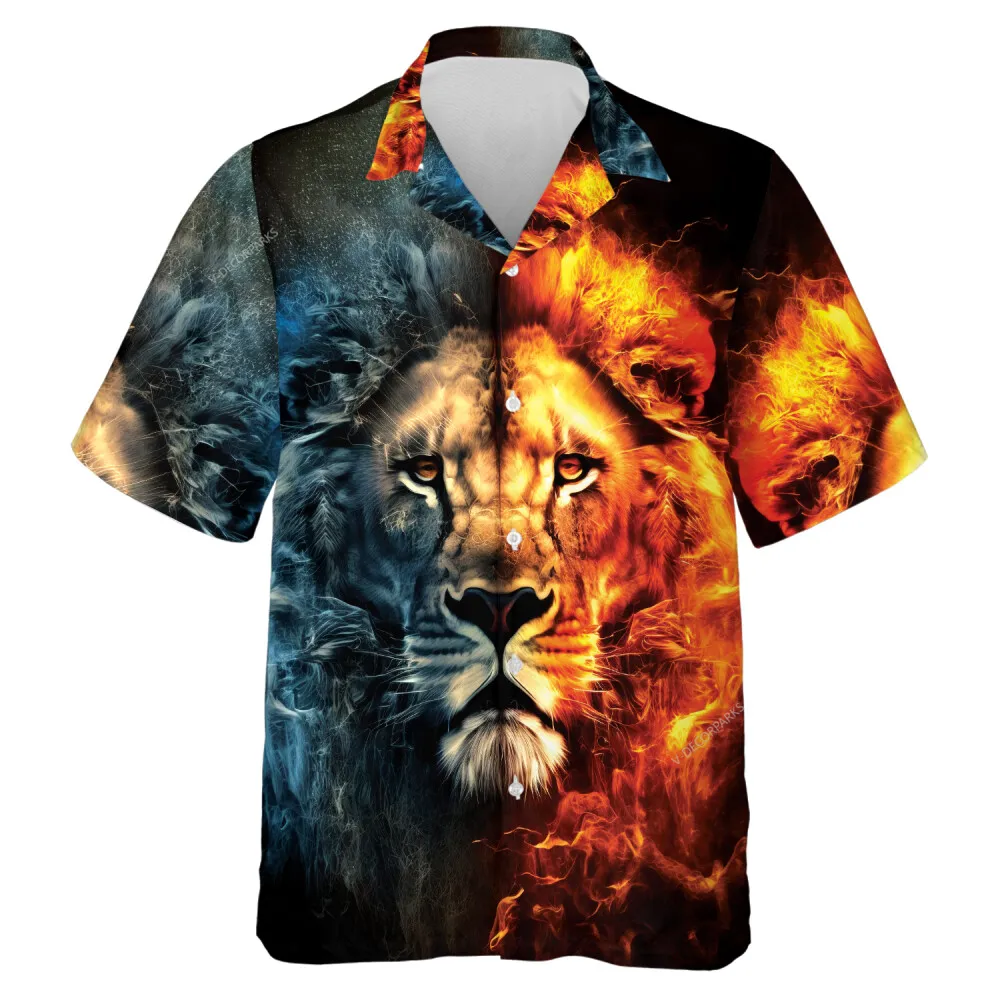 Lion King Men Hawaiian Shirt, Half n Half Aloha Beach Shirt, Summer Beach Fashion Top, Animal Lover Printed Clothing, Mens Casual Wear