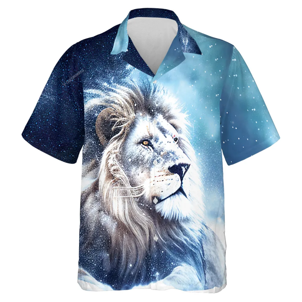 Snow Lion Men Hawaiian Shirt, Antarctica Aloha Shirts, Snowdrop Patterned Clothing, White Wildcat In Winter Printed Top, Casual Wear