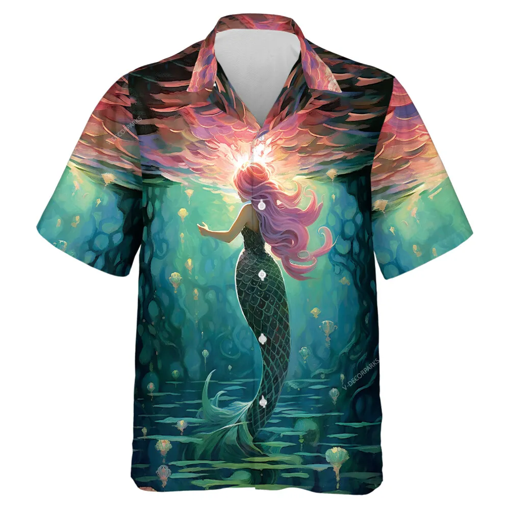 Beautiful Oceanic Mermaid Men Hawaiian Shirt, Sea Animals Casual Button Down Short Sleeve, Jellyfish Printed Clothing, Ocean Patterned Top