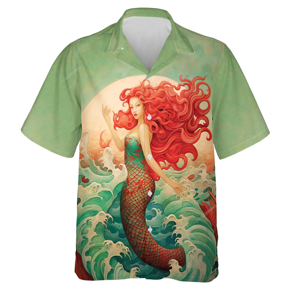 Red Hair Mermaid Rides Waves Unisex Hawaiian Shirt, Undersea Button Down Shirt, Aesthetic Casual Aloha Shirt, Sea Vacation Printed Top